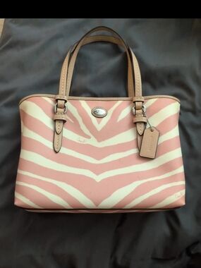 Coach Pink and Cream Zebra-Print Leather Tote with Tan Handles